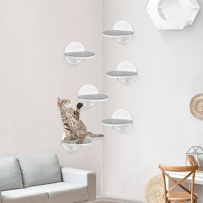 Cat Wall Shelves Furniture Set of 6, Wooden Cat Steps for with Scratching Pad, Sturdy Floating Climber Ladder Stairs, Cats Climbing Wall Systems for Cats Sleep Climb Play (White)