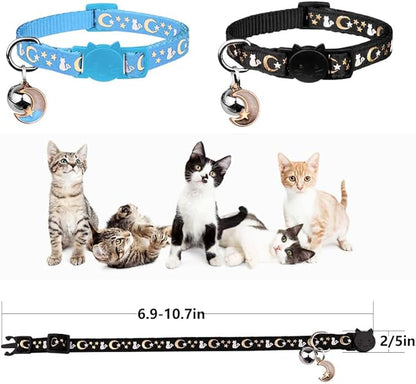 Baeuppit 2PCS Breakaway Cat Collars with Bell Cute Kitty Glow in The Dark Adjustable Kitten Collars with Pendant(Black&Sky Blue)