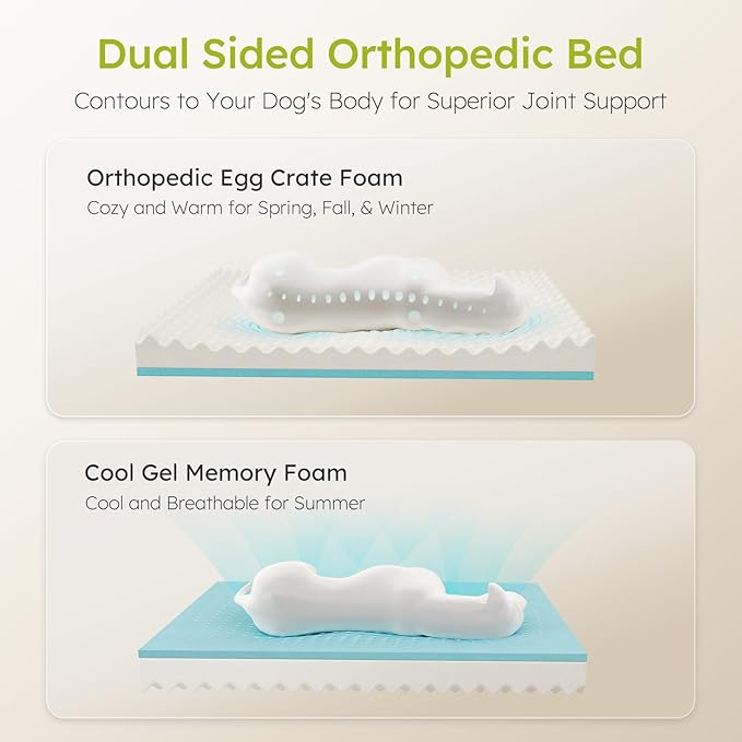 Extra Large Dog Bed, Orthopedic Dog Bed with Cooling Gel Memory Foam, Waterproof XL Pet Bed with Removable Washable Cover, 42" Pet Sofa Couch Dutch Velvet with Bone Toy, Dark Green