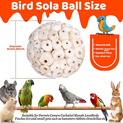 6 Pack Bird Toy Sola Balls, Natural Parrot Soft Chew Shredding & Foraging Toy, Bird Foot Balls for Cockatiel Conure Quaker Budgie Parakeet Bunny Guinea Pig Chinchilla Rabbit