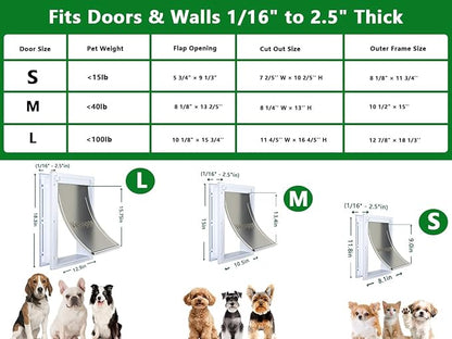 Dog Door Doggy Door Easy Install - Wood & PVC Doors & Walls，Dgooie Free Movement & Flexible Control - 2 Magnetic Flaps & Sliding Lock,Telescoping Frame,10 1/8" x 15 3/4" for Large Dogs Up to 100 lb