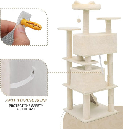 Athena Collection Multi-Level Cat Tree Center with 2 Cat Condo & Scratching Post & Dangling Ball, 54 Inch Tall Cat Tower, Beige