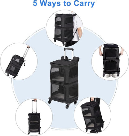 Double Pet Carrier Backpack with Wheels for Small Cats and Dogs, Rolling Cat Travel Carrier, Super Ventilated Design, Ideal for Traveling/Hiking/Camping, Black