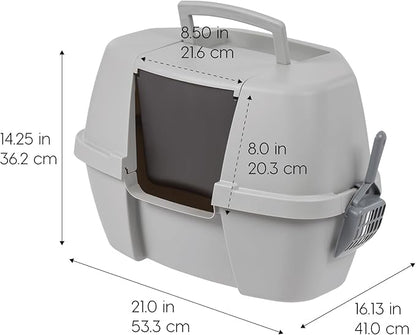 IRIS USA Corner Cat Litter Box Enclosed with Scoop - Privacy and Easy Access for Cleaning, Odor Defensive Hooded Litter Tray, Sturdy Stain Resisting Plastic, Fits in Most Corners, Gray
