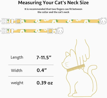 2 Pack Cotton Breakaway Cat Collar Green and Yellow Flowers Pendant Cute Kitten Cat Collar with Bell