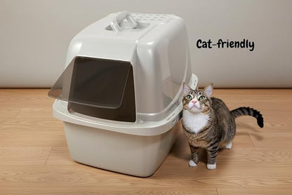 Large Enclosed Cat Litter Box with Vented Hood, Prevents Scatter and Odors, Cat & Rabbit Corner Covered Litter Box,19x14x15.5 Inches, Pearl White