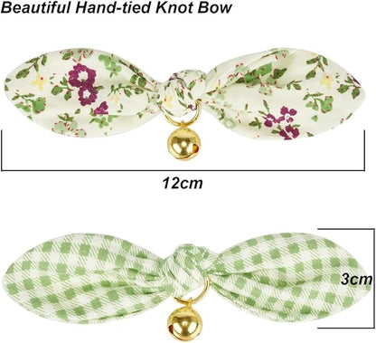 2 Pack Cotton Cat Collar, Removable Bowtie, Floral Pattern, Safety Breakaway Clasp, Adjustable for Cats.(Adult Cat, Check+Green)