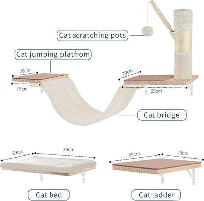 Cat Wall Shelves, Solid Wood Cat Wall Furniture Set, with Cats Bed, Hammock, Felt Ladder, Sisal Scratching Post & Ball (Beige)