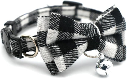 White Plaid Dog Bow Collar with Bell, Breakaway Cat Collar Bell with Bowtie Christmas Puppy Collars for XXS Xs Small Tiny Little Pet Dogs Boy Girl Kitten, for Hoilday Birthday Party
