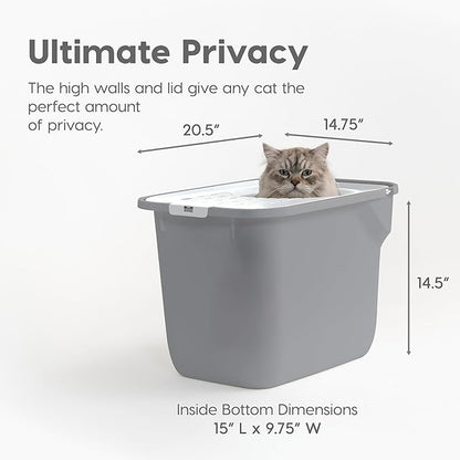 IRIS USA Cat Litter Box, Large Cat Box Enclosure, Top Entry with Litter Catching Lid, Enclosed, Gray/White