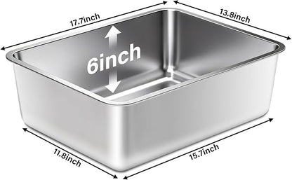Stainless Steel Litter Box,Metal Cat Litter Box,Medium Cat Litterbox for Kitty or Rabbits, No Smell, Non Stick, Easy to Clean(17.7" L x 13.77" W x 6" H)