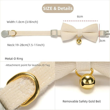 Soft Corduroy Cat Collar, Plaid Pattern, with Bell and Bowtie, Quick Release,Safety Breakaway Clasp, Adjustable for Kitten and Cats.(White+Green)