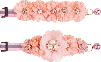2 Pack Cat Collar Pink Floral with Bell and Removable Flower Bowtie Breakaway Adjustable Cat Collar for Girl Kitten Puppy Small Cats Dogs Daily Decoration (XQ102-2)