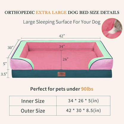 Comfort Expression Orthopedic Dog Bed for Extra Large Dogs 42x30 Inch, Waterproof Egg Crate Foam XL Pet Bed with Removable Bolsters, Dog Couch with Washable Cover & Non-Slip Bottom, Mint-Berry Dream