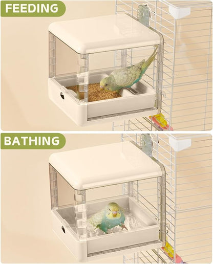 septillar Bird Feeder and Bath for Cage, Hanging Bird Bathtub Bath Shower Box Bowl, Bird Cage Accessories Suitable for Small Medium Birds, Parrots, Lovebirds, Finches, Parakeets, Mannikin (White)