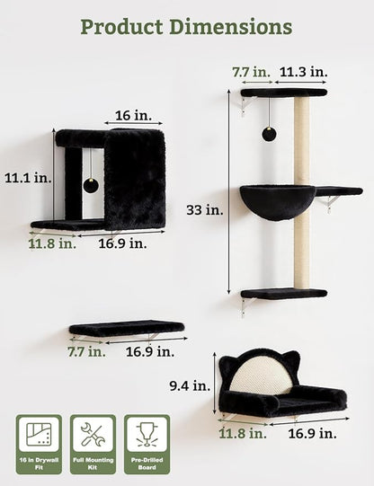 5-in-1 Cat Wall Shelves, Solid Wood & Velvet & Sisal Scratcher, 44lbs Max Load, Wall Mounted Cat Furniture for Climbers, Cat Climbing Wall System, Fits Drywall & Solid Walls - Black