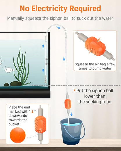 Pawfly 10 Gallon Aquarium Vacuum Gravel Cleaner, Manual Water Changer Siphon with Long Hose and Cleaning Brush Pad for Water Changing and Sand Washing