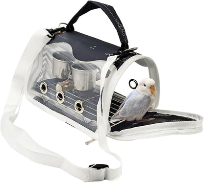Bird Carrier Bag Bird Travel Cage with Indestructible Stainless Steel Mesh, Feeder Cups and Stand Perch, Portable Bird Travel Bag, Pet Transparent Breathable Travel Cage (Black,Small)