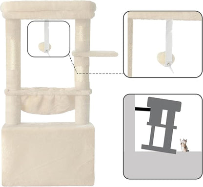 Heybly Cat Tree, Kitten Tower with Large Soft Cat Basket, Cat Condo with Spacious Cat Bed Cave with Hidden Space, Sisal-Covered Scratching Posts, Dangling Ball for Indoor Cats, Beige HCT008SM