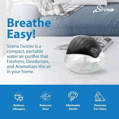 Sirena Twister Air Purifier (Black) - Water Filter Air Washer For Home and Office - Essential Oil Aroma Diffuser With LED Night light - Small Air Cleaner For Smoke and Pets