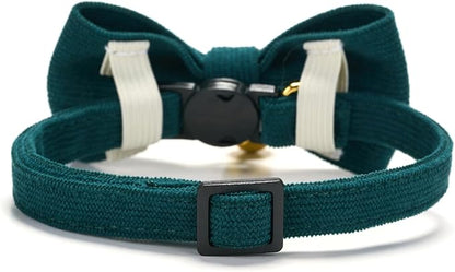 Cotton Breakaway Kitten Collar with Bow Tie and Bell Adjustable Cute Soft Corduroy Cat Collars for Small Cats(Dark Green,XS)