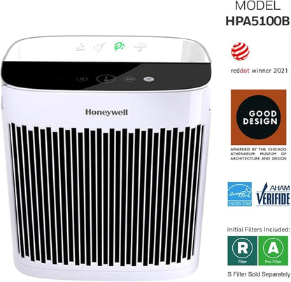 Honeywell HEPA Air Purifier for Home, 938 Ft² Rooms in 1 hour, Turbo Clean, Reduces Allergens, Dust, Pollen, Pet Dander, All Smoke Types, Odors, White, HPA5100W