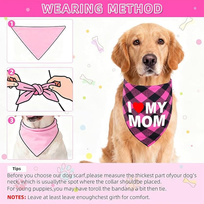 GreenJoy Cute Plaid Dog Bandana – Washable Pet Triangle Scarf for Small, Medium, Large Dogs and Cats, Adjustable Pet Accessory for Birthday, Wedding and Christmas (Pink (Mom), Small)