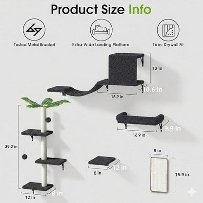 5-in-1 Cat Wall Shelves for 16 Inch Drywall: Space-Saving Wall Mounted Cat Shelves with Climbing, Perch & Lounge