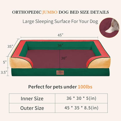 Comfort Expression Orthopedic Dog Bed for Extra Large Dogs 45x35 Inch, Waterproof Egg Crate Foam XL Pet Bed with Removable Bolsters, Dog Couch with Washable Cover & Non-Slip Bottom, Watermelon Meadow