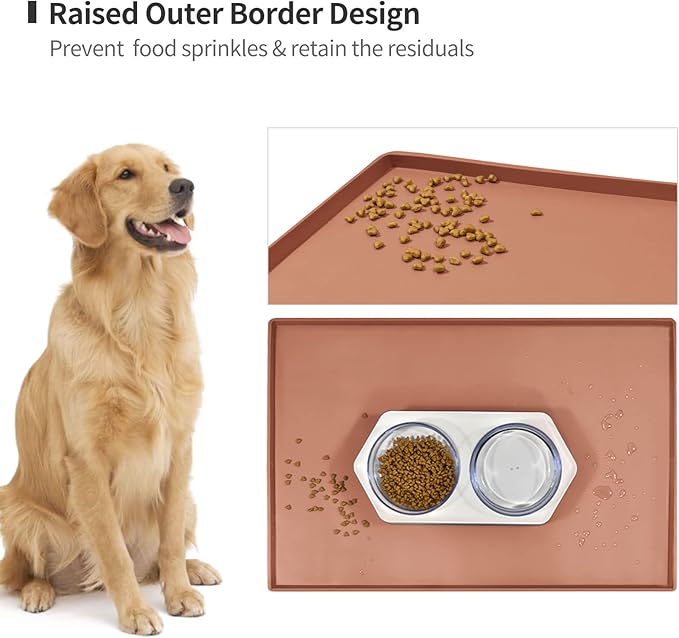 Dog Food Mat,Silicone Waterproof Food Tray,Non Slip Pet Bowl Mats Placemat,0.6" Raised Edge,Suitable for Most Small and Medium Sized Pets,24" x 16"