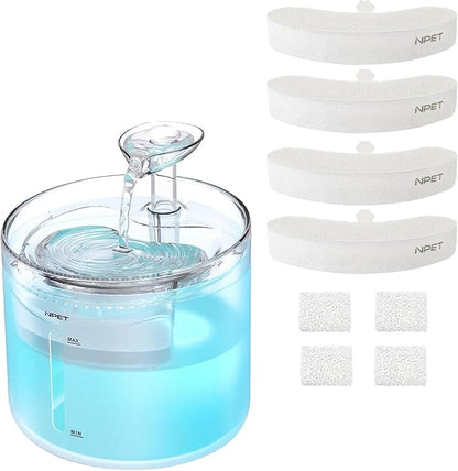 NPET WF100 Cat Fountain, 54oz/1.6L Automatic Pet Water Fountain Dog Water Dispenser with LED Light Quiet Pump for Cats & Small Dogs(Fountain+4 Filters +4 Sponges, White)