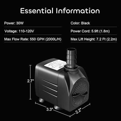 GROWNEER 550GPH Submersible Pump 30W Fountain Water Pump, 2000L/H, with 7.2ft High Lift, 3 Nozzles for Aquarium, Fish Tank, Pond, Hydroponics, Statuary (Pack of 2)