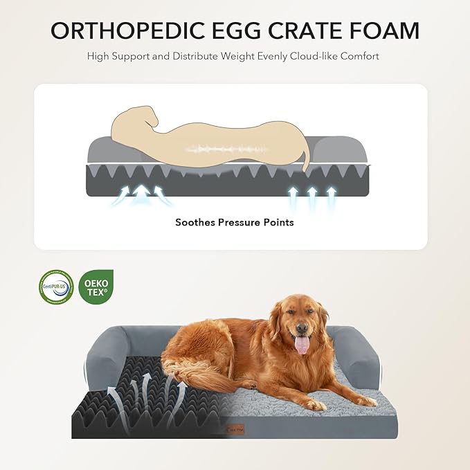 Orthopedic Dog Beds for Extra Large Dogs, Waterproof Egg Crate Foam XL Dog Bed with Sides 48x30Inch, Big Dogs Couch Beds with Removable Washable Cover and Nonskid Bottom, Grey