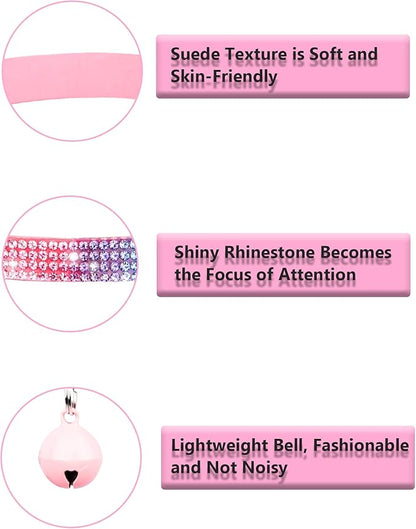 Cat Collars for Girl Cats with Rhinestone Soft Velvet,Breakaway Cat Collars with Bell,Adjustable Safe Kitten Collar (Multicolour Pink)