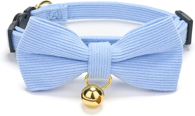 2 Pack Soft Corduroy Cat Collars with Bow Tie & Bell Adjustable Breakaway Bowtie Kitten Collar for Girl Boy Kittens(Blue & Pink)