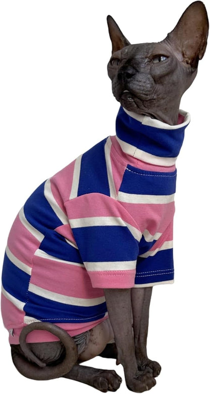 Vintage Stripes Sphynx Hairless Cats Shirt Cotton Cat Turtleneck Pet Clothes Kitten T-Shirts with Sleeves for Sphynx Cats (Wide Pink Blue Stripe, Large)