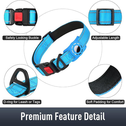 Airtag Dog Collar with AirTag Holder for Puppy Small Dogs, Reflective, Soft Padded & Safety Locking Buckle, Nylon Pet Collars Adjustable for All Breeds, SkyBlue,XS