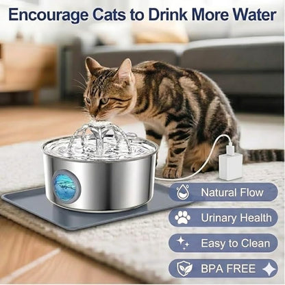 Stainless Steel Cat Water Fountain with Silicone Mat & 2 Filters, 108oz/3.2L Automatic Pet Water Dispenser for Cats Dogs, Quiet Indoor Metal Drinking Bowl, Dog Fountains, Waterer