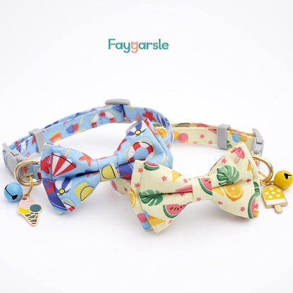Faygarsle 2 Pack Cute Cat Collar with Bell Breakaway Bowtie for Male Female Cats Soft Fancy Blue Yellow with Ice Cream Sea Pattern Summer Cat Collar for Boy Girl Cats