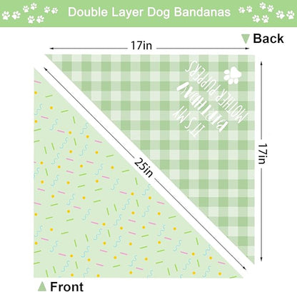 Birthday Dog Bandanas, Double Side All 4 Patterns Reversible Large Pet Bandanas 2 Pack, Celebration Set, Plaid Adjustable Triangle Holiday Pink Green Scarves for Dogs Girl Boy Pets