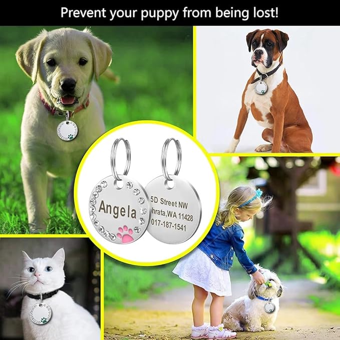 Personalized Dog/Cat Cute Paw Pet ID Tag with Unique Laser Engraving Name and Phone Number for Pet Collar or Key Chain (Purple)