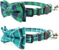 Pipidog Cat Collar Breakaway with Bell and Bow Tie, Plaid Design Adjustable Safety Kitty Kitten Collars(6.8-10.8in) (Green&Cyan Plaid)