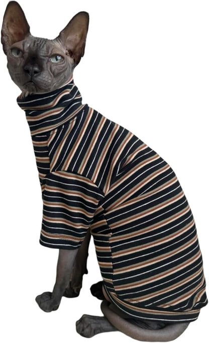 Vintage Stripes Sphynx Hairless Cats Shirt Cotton Cat Turtleneck Pet Clothes Kitten T-Shirts with Sleeves for Sphynx Cats (Vintage Black, Small)