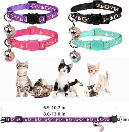 4PCS Cat Collar with Bells,Breakaway Cat Collars,Moons Stars Cute Kitty Adjustable Safe Kitten Collars Pendant Glow in The Dark,Cat Collars for Girl Cats 8.0-13.0 Inch(Black&Purple&Pink&Teal)
