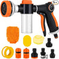 Dog Wash Hose, 8 Way Spray Pattern Garden Hose Nozzle with Soap Dispenser, Dog Wash Supplies with 2 type Dog Bath Brush, 4 extra connectors, Car Washing Mitt