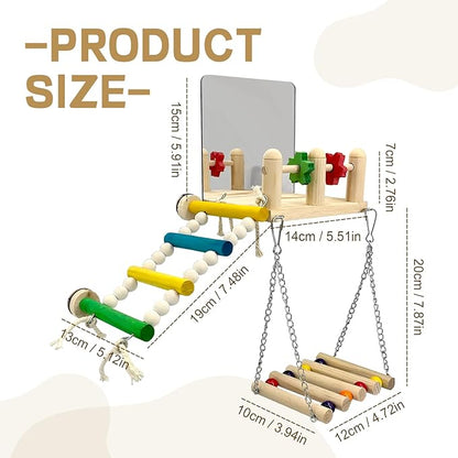 Bird Toys & Wooden Play Gym with Bird Mirror - Parakeet Toys & Cage Accessories for Cockatiels, Lovebirds, Budgies, Finch, Canaries