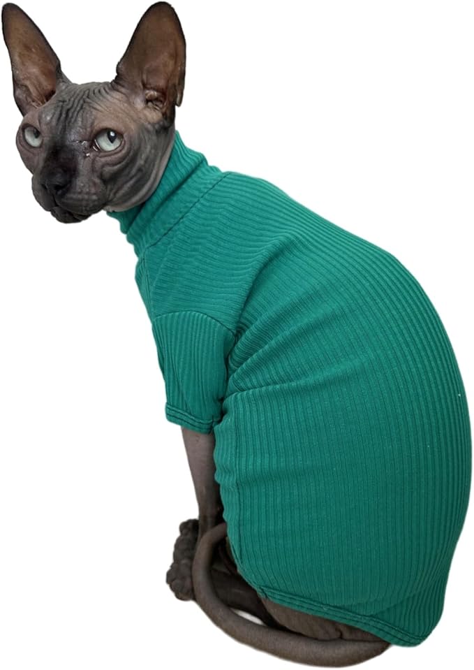 Sphynx Hairless Cats Shirt Breathable Cat Turtleneck Sweater Pullover Kitten T-Shirts with Sleeves Cat Pajamas Jumpsuit for Sphynx Cornish Rex, Devon Rex, Peterbald (Small (Pack of 1), Peacock Green)