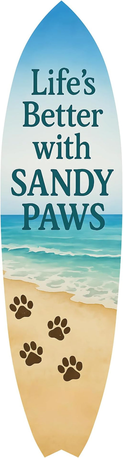 JennyGems Outdoor Decorative Surfboard Wall Art, Pet Wall Decor for Porch, Pool, Fence, PVC Beach House Decoration, Life's Better Sandy Paws, 3 foot