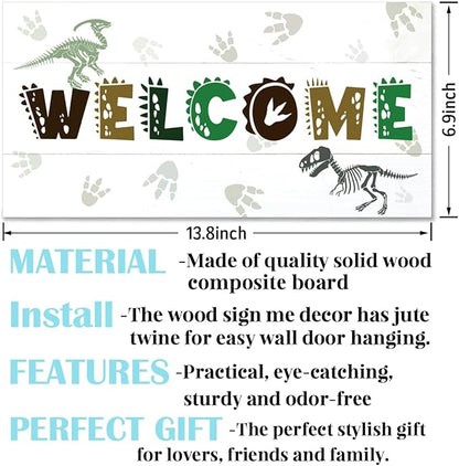 Welcome Sign for Front Door, Playroom Wall Decor, Dinosaur Theme Wall Hanging Decor, Gift for Dinosaur Lover, Funny Wooden Outdoor Front Door Hanging Decoration 13.8X6.9 inches
