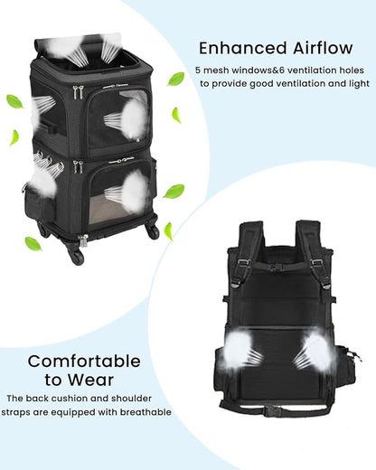 Double-Compartment Pet Carrier Backpack with Wheels for Small Cats and Dogs, Cat Rolling Carrier for 2 Cats, Perfect for Traveling/Taking a Walk/Trips to The Vet, Black
